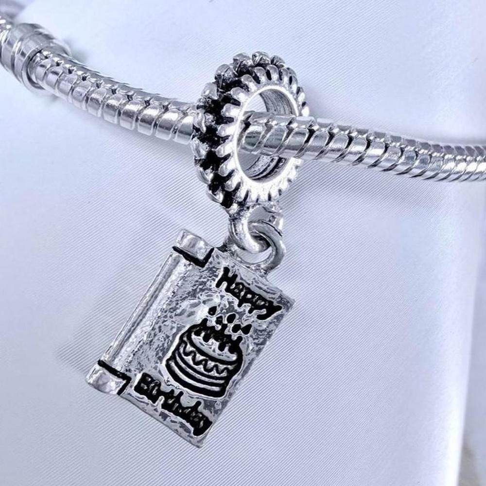 Silver Happy Birthday Dangle Charm Fits European Snake‎ Chain Bracelets
